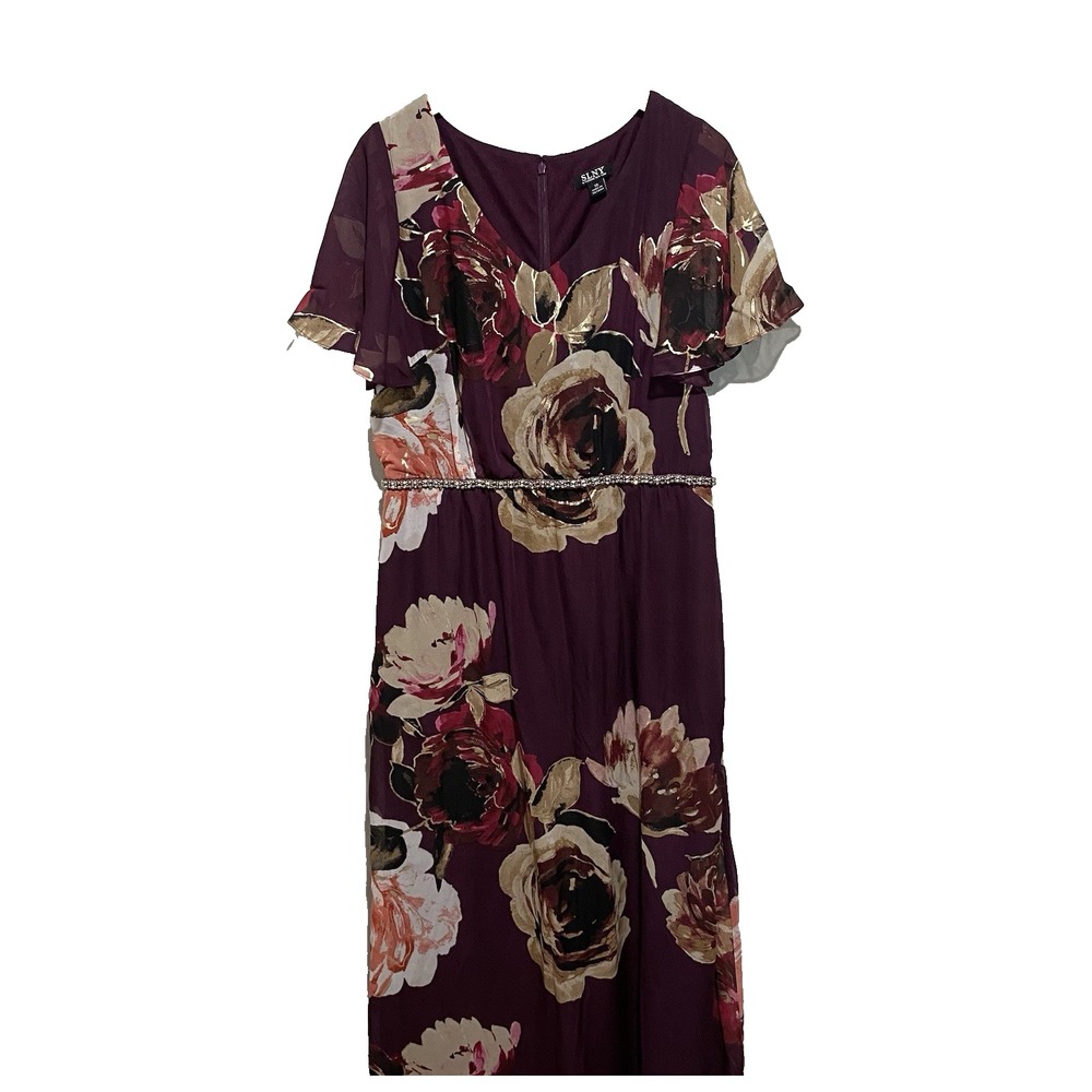 SLNY Women's Purple Floral Maxi Dress w/ Ruffle Short Sleeve Size‎ 10 Pre-owned